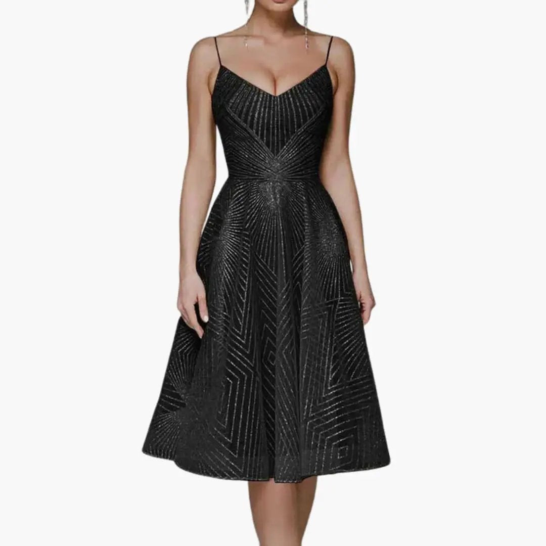 Wilfred Smith women's sleeveless midi dress in black with a sparkling geometric sequin pattern