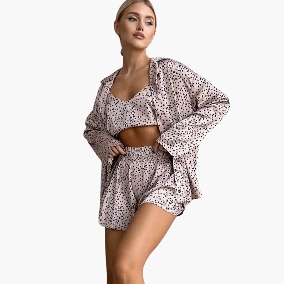 Women's sleeveless printed top and shorts two-piece set in pink-beige with black speckled pattern