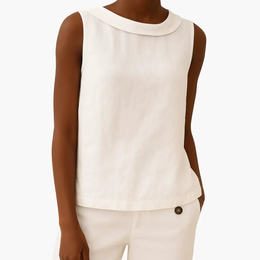 Women’s sleeveless roll-neck top in cream, tank top style.