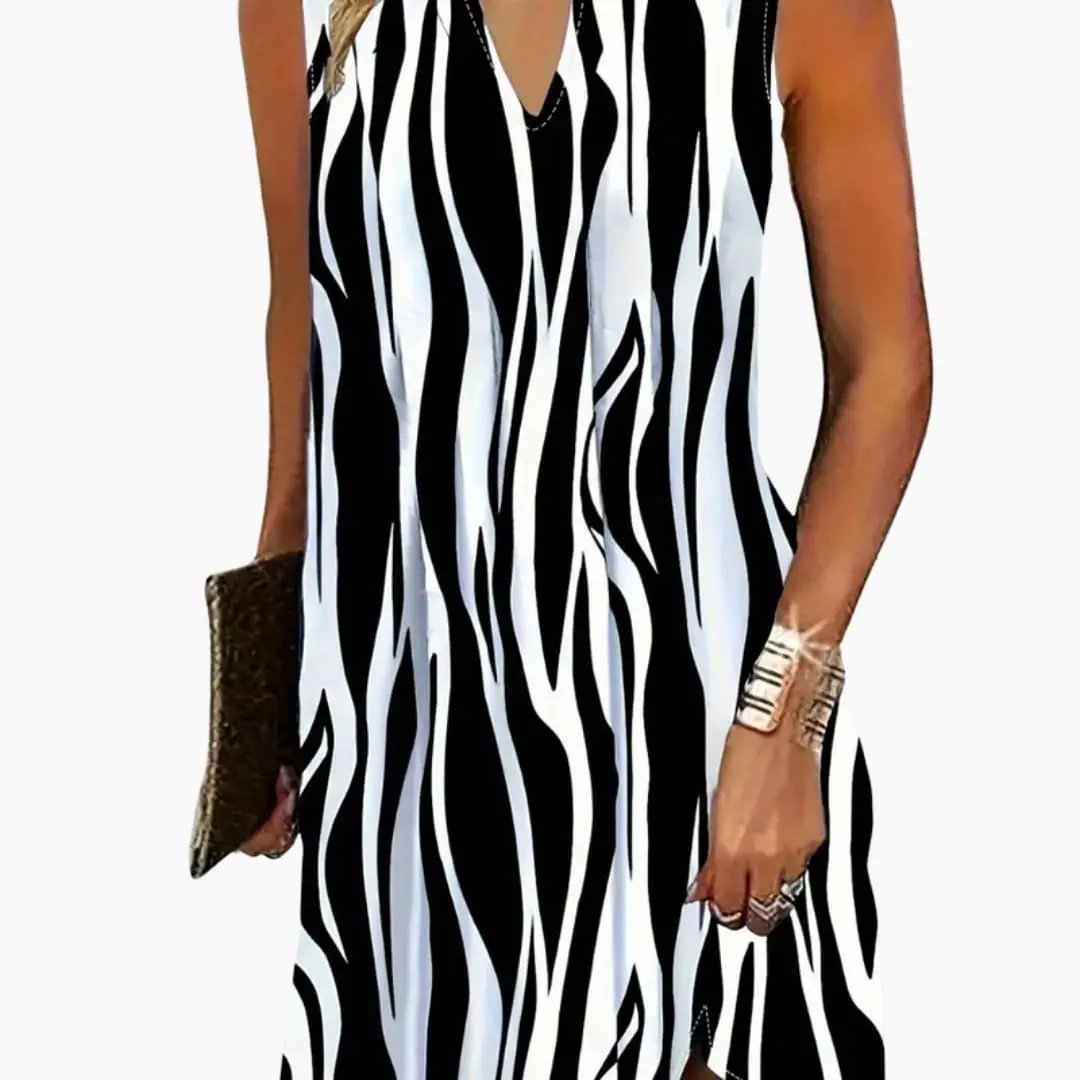 Women’s Sleeveless Striped Mini Dress with Round Neck in black and white zebra print, Wilfred Smith