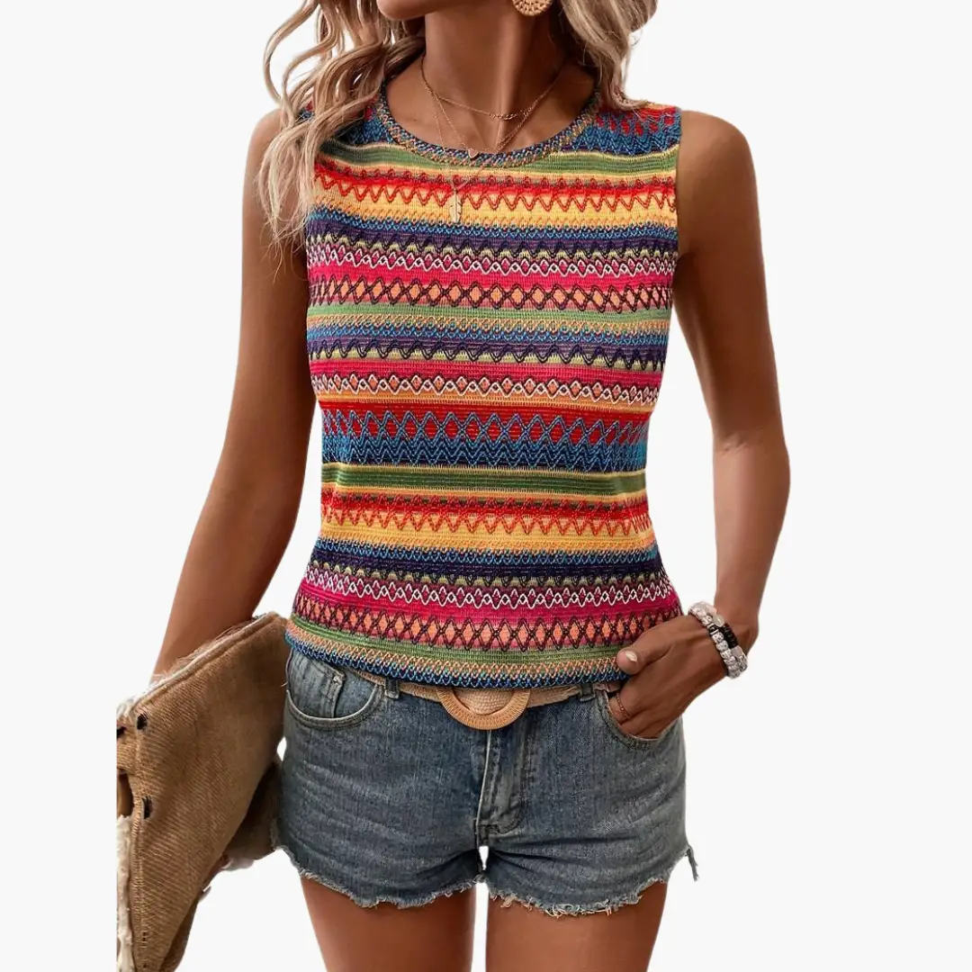 Women's Sleeveless Striped Tank Top by Wilfred Smith, multicolor horizontal stripes