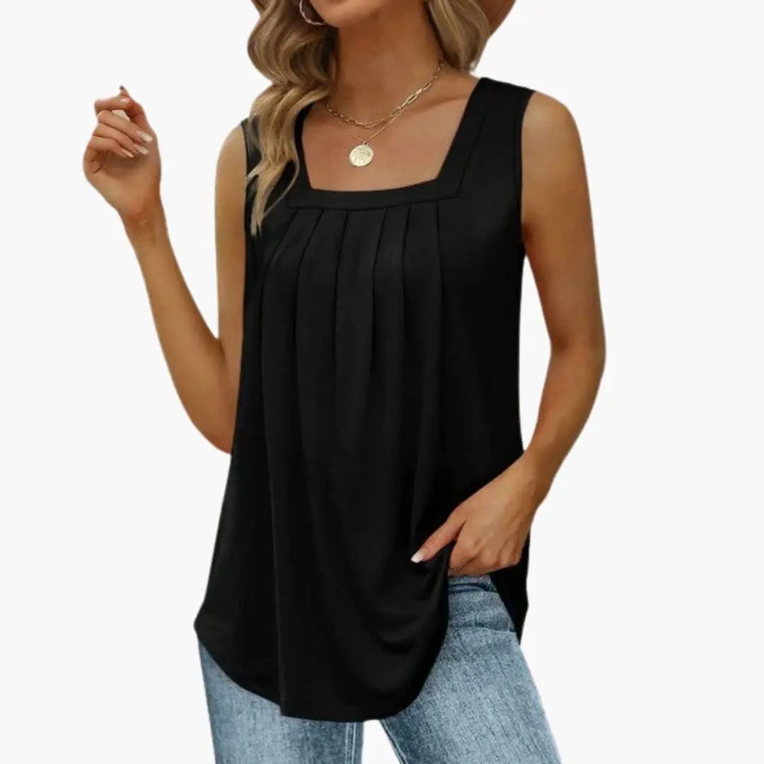 Women's black sleeveless tank top with square neckline, hip-length, front pleats on plain woven fabric.