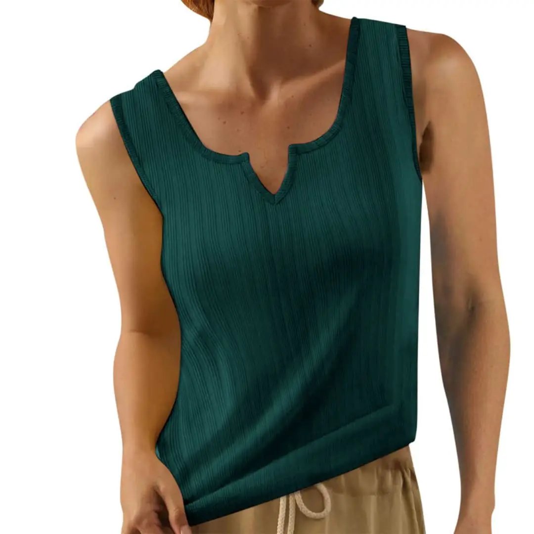 Women's sleeveless top by Wilfred Smith in teal ribbed fabric with decorative V-neck