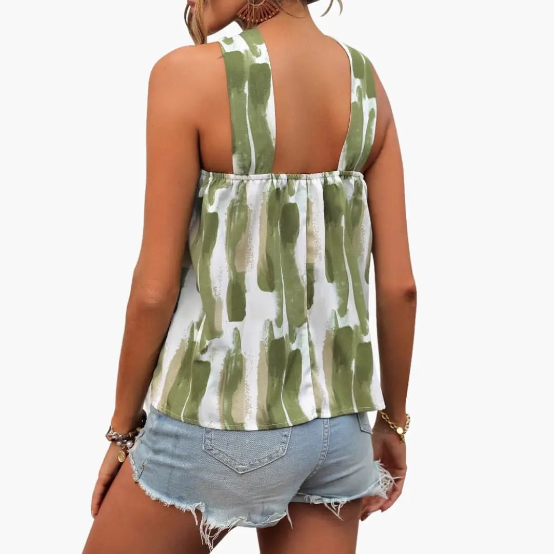 Women's sleeveless tank top with olive green brushstroke print; lightweight fabric, back view.