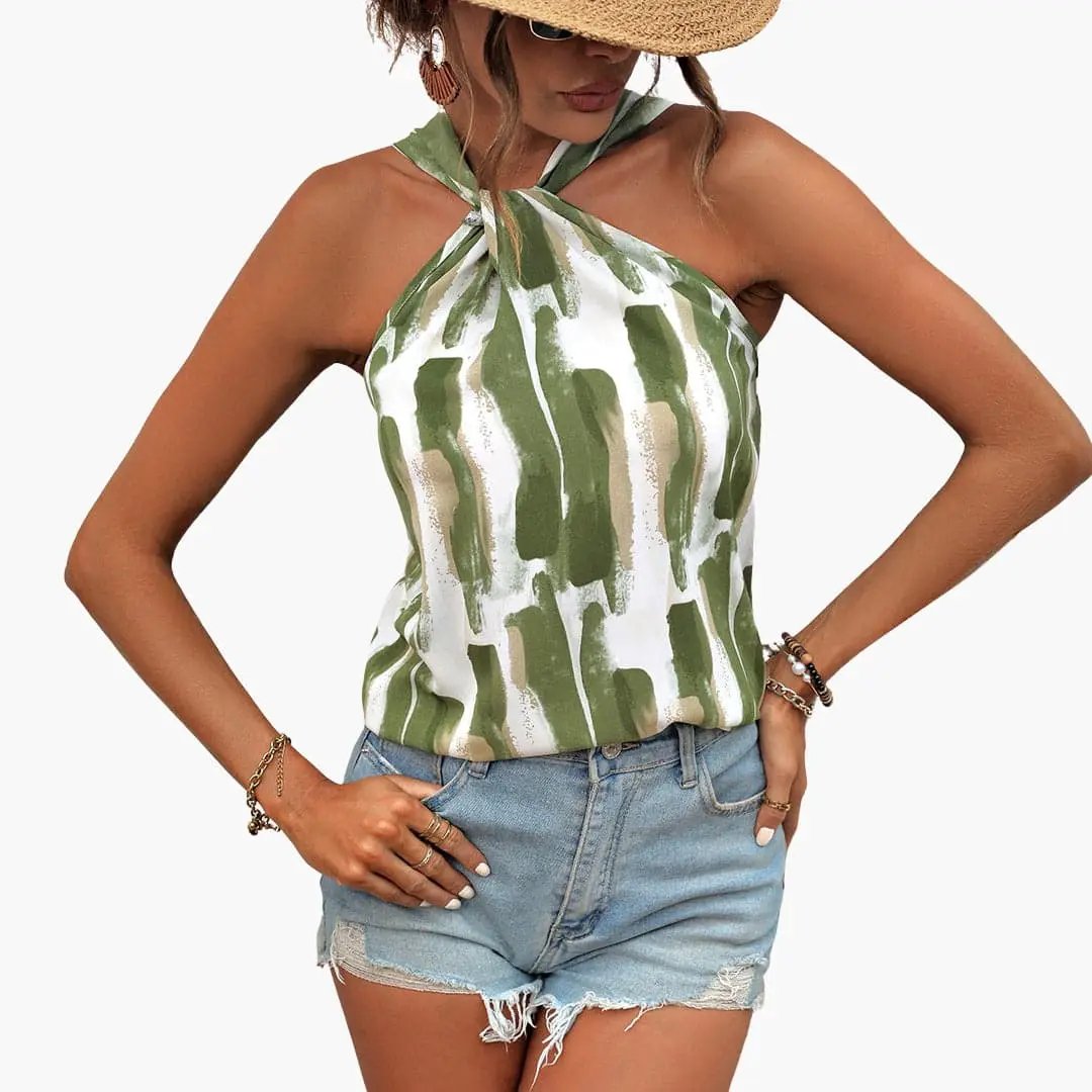 Women's sleeveless knot-top in olive-green abstract print; lightweight fabric tank top.
