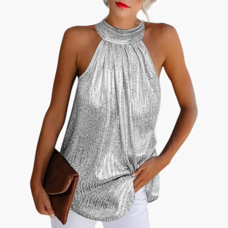 Wilfred Smith women's sleeveless halter-neck tank top in silver metallic fabric