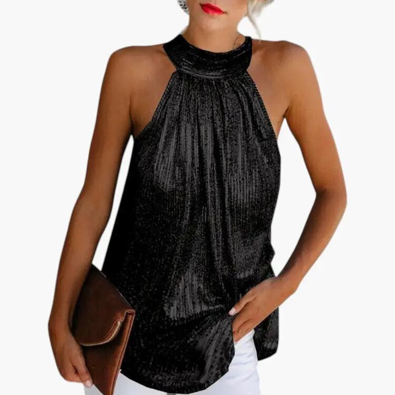 Wilfred Smith women's sleeveless halter-neck tank top in black with a draped, shimmery fabric
