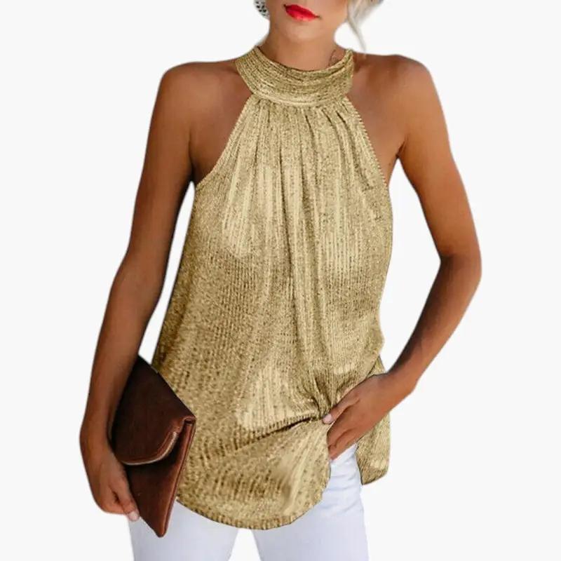Women's gold sequin halter-neck sleeveless top, shimmering tank style.