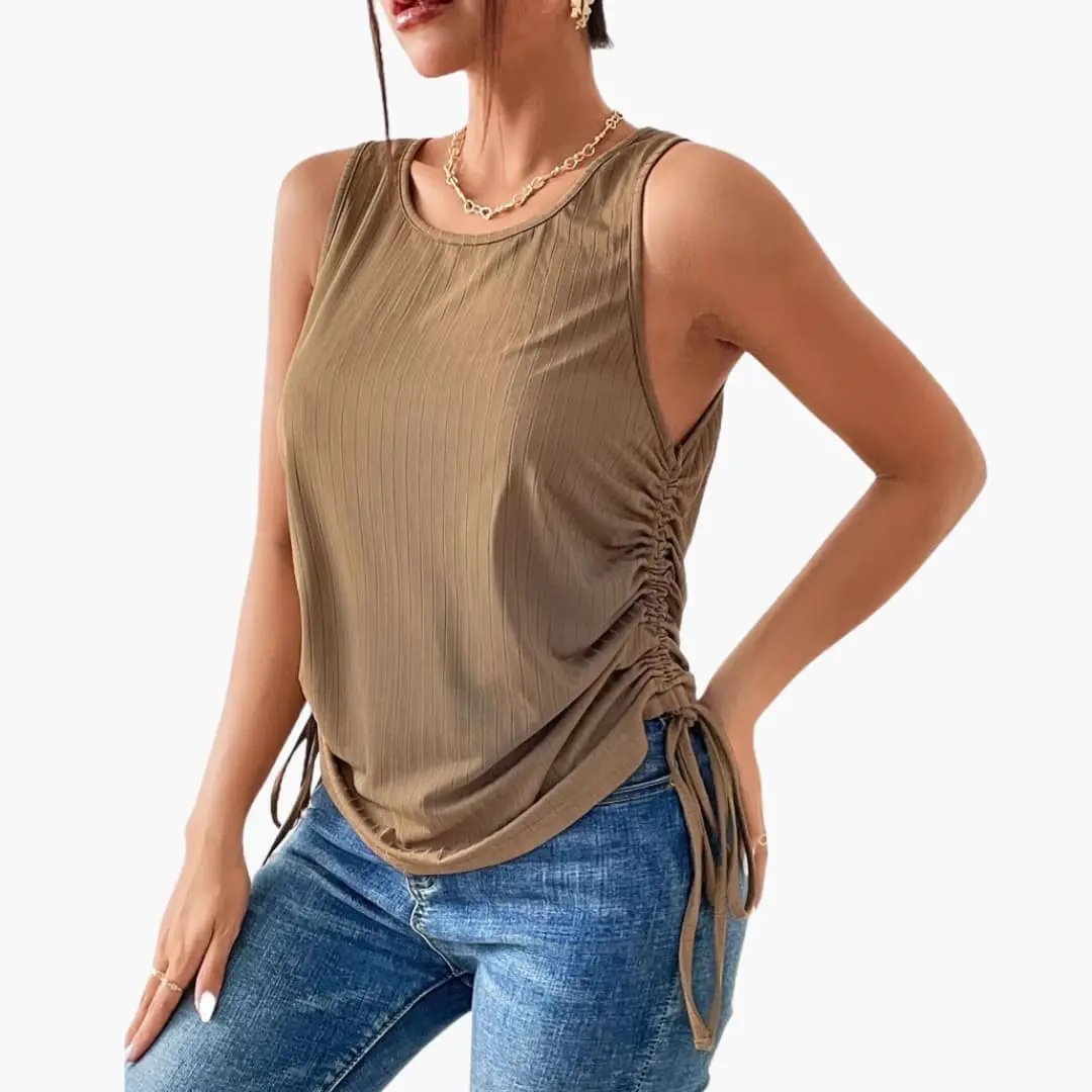 Women's sleeveless top with ruching on the side and elastic hem in taupe ribbed fabric.