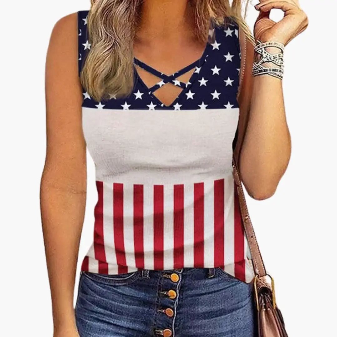 Women's sleeveless tank top featuring a navy star-print bodice and red-and-white striped body