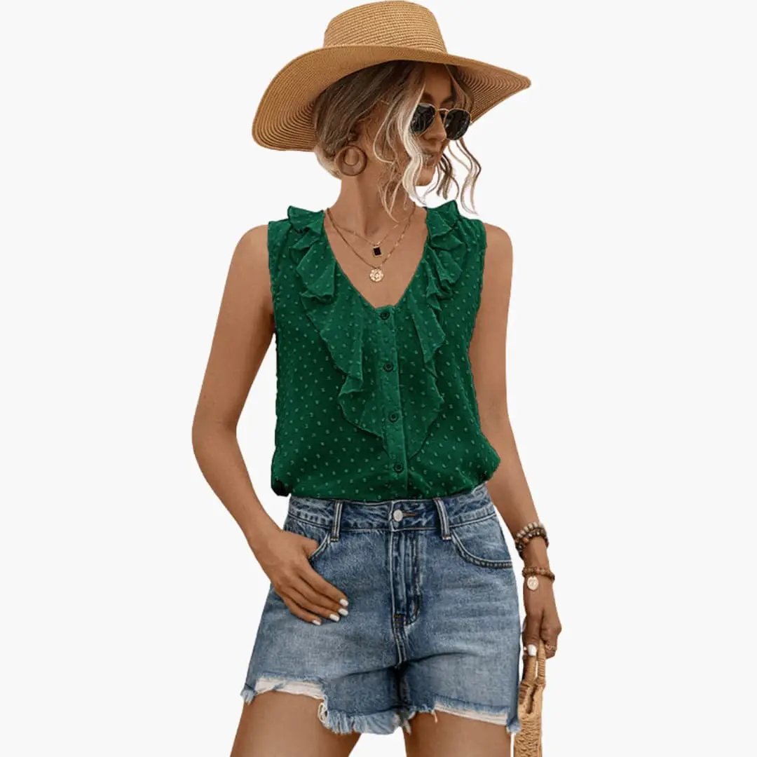 Women's blouse Wilfred Smith green sleeveless V-neck with ruffle trim and polka-dot pattern.