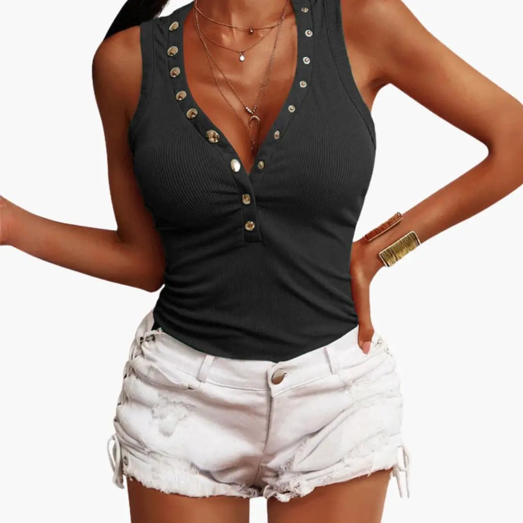 Women's sleeveless V-neck snap-button ribbed tank top in black with gold buttons