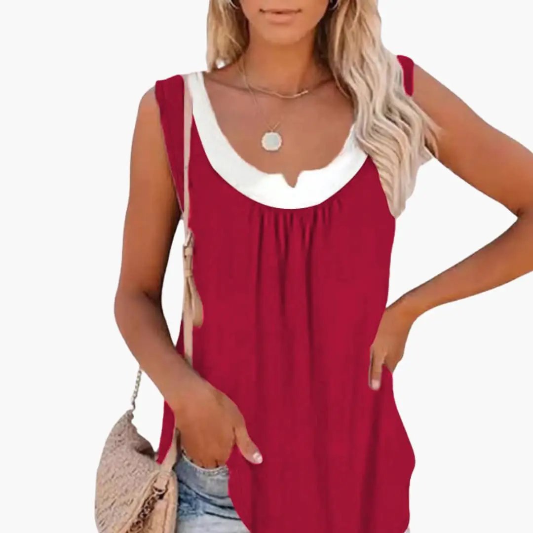 Women's sleeveless V-neck tank top by Wilfred Smith in red with a white rounded neckline