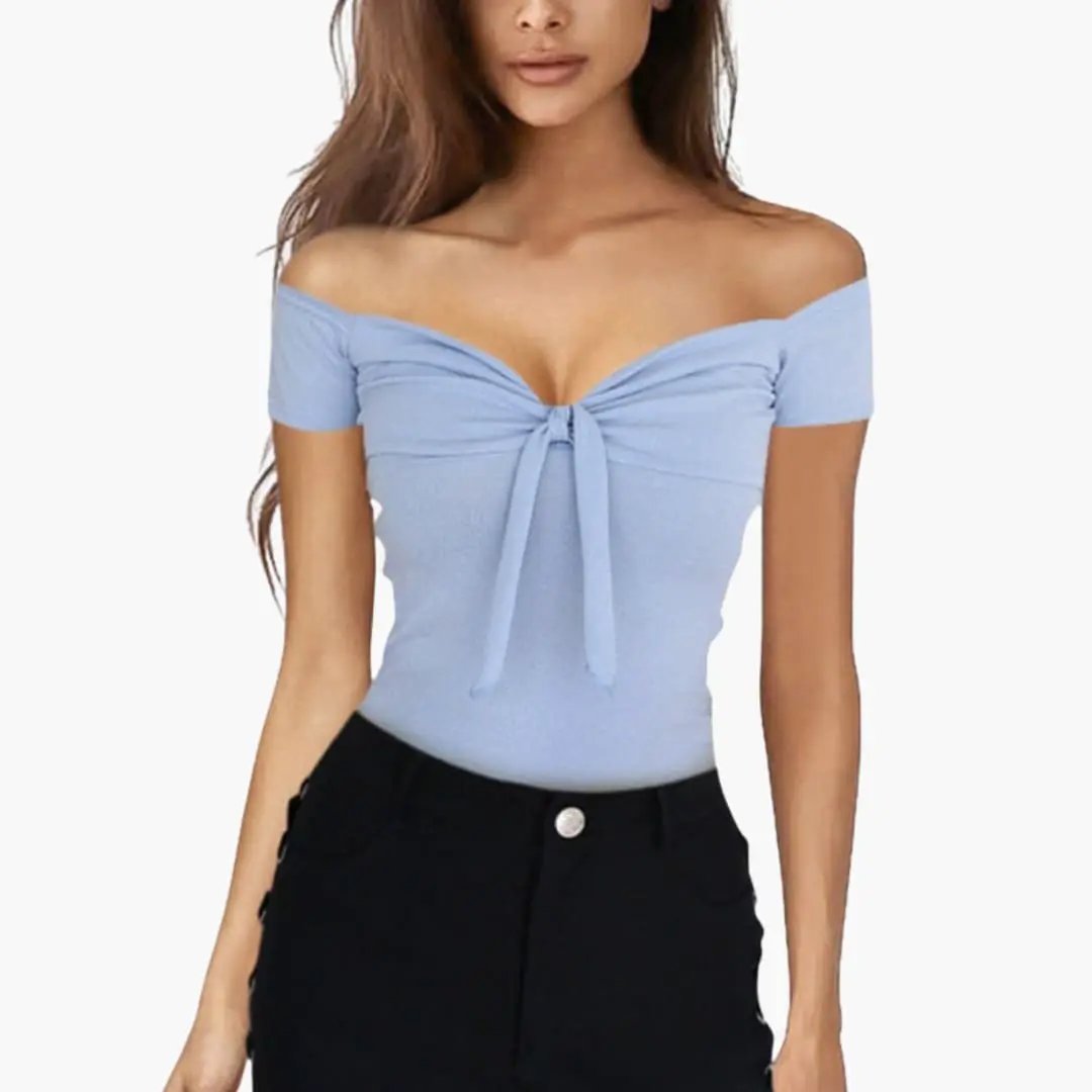 Women's slim-cut off-shoulder T-shirt with front knot in light blue