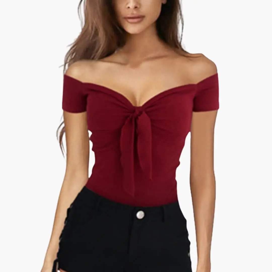 Women's Slim Cut T-Shirt with Short Sleeves in burgundy, off-shoulder neckline with front knot, Wilfred Smith