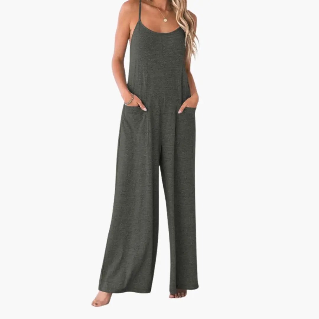 Women’s spaghetti-strap jumpsuit with pockets in charcoal gray, wide-leg sleeveless one-piece