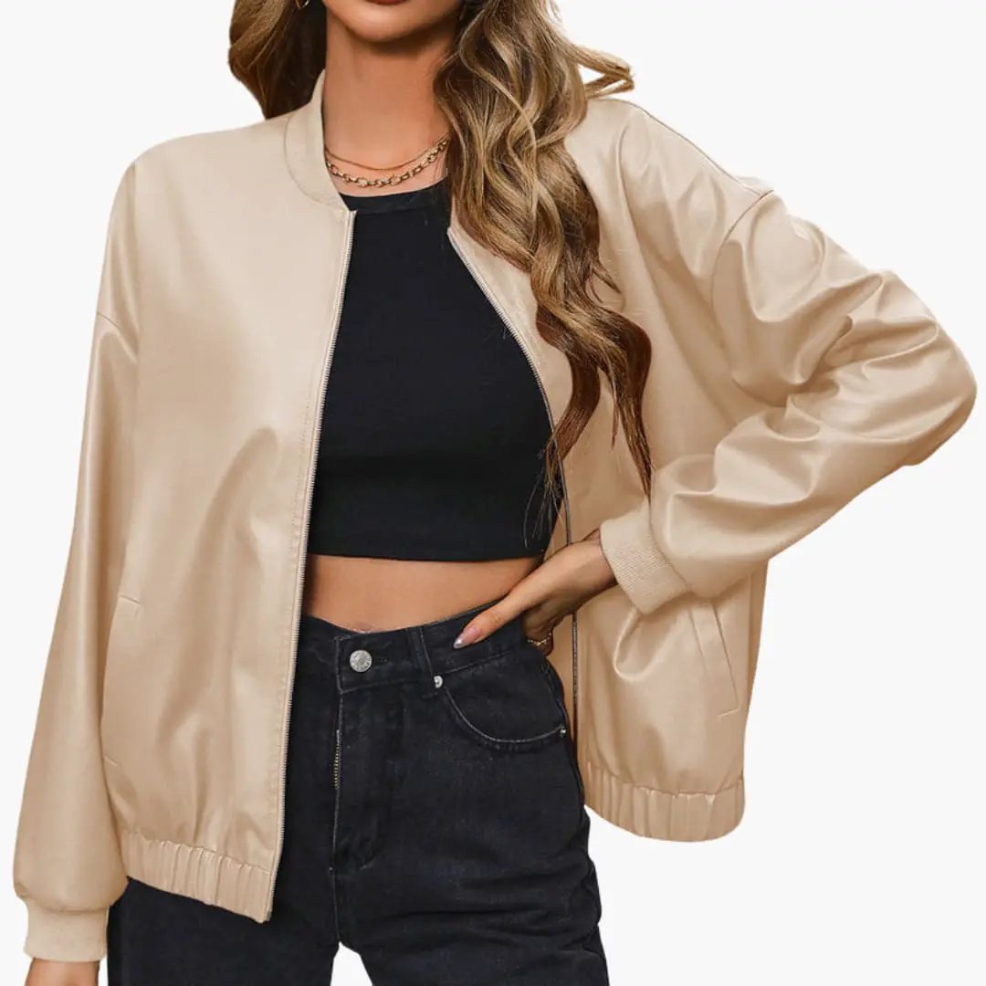 Women’s Sporty Bomber Jacket in beige with elastic cuffs and zip-front; casual bomber outerwear.