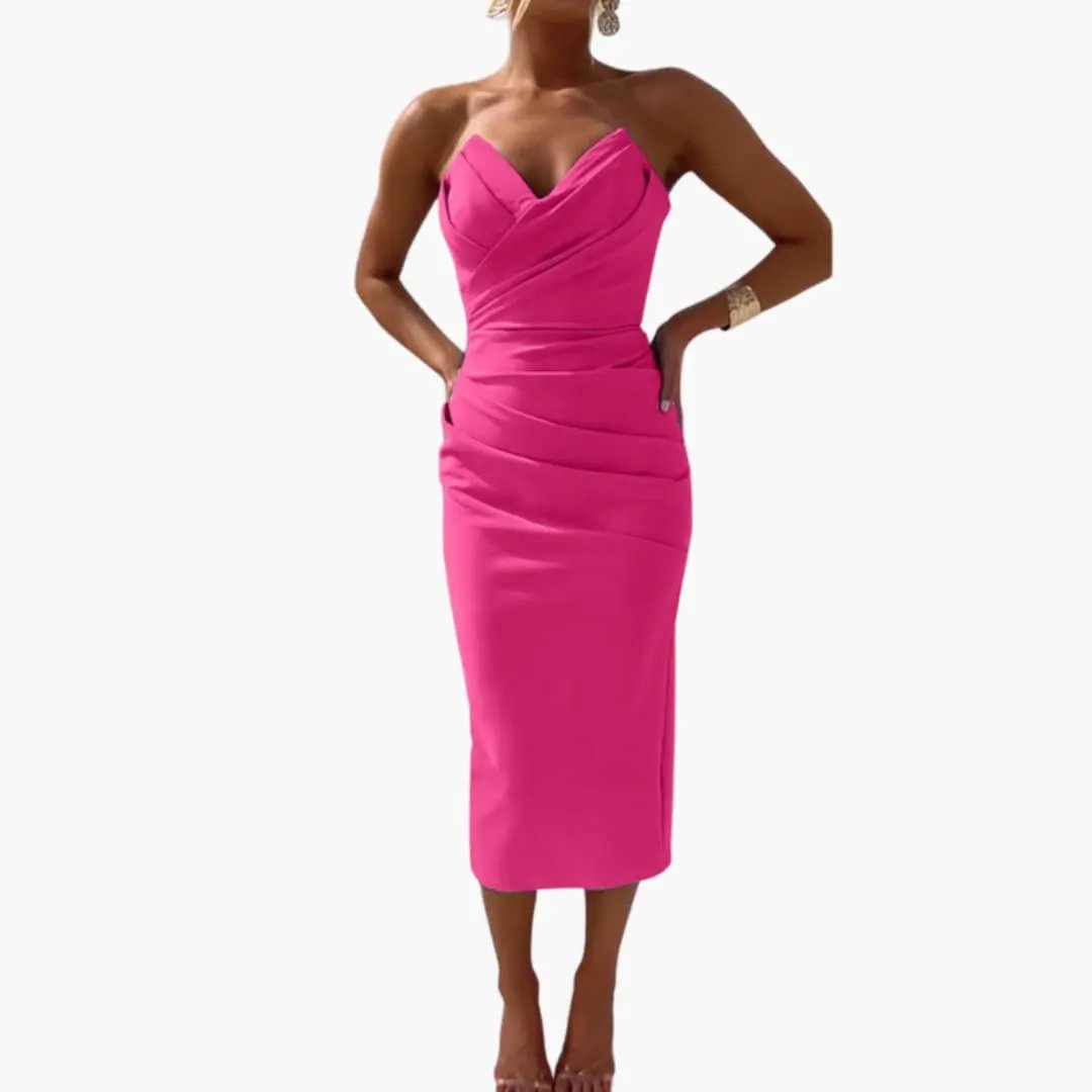 Women's pink strapless dress with a shaped waist and plain woven finish by Wilfred Smith