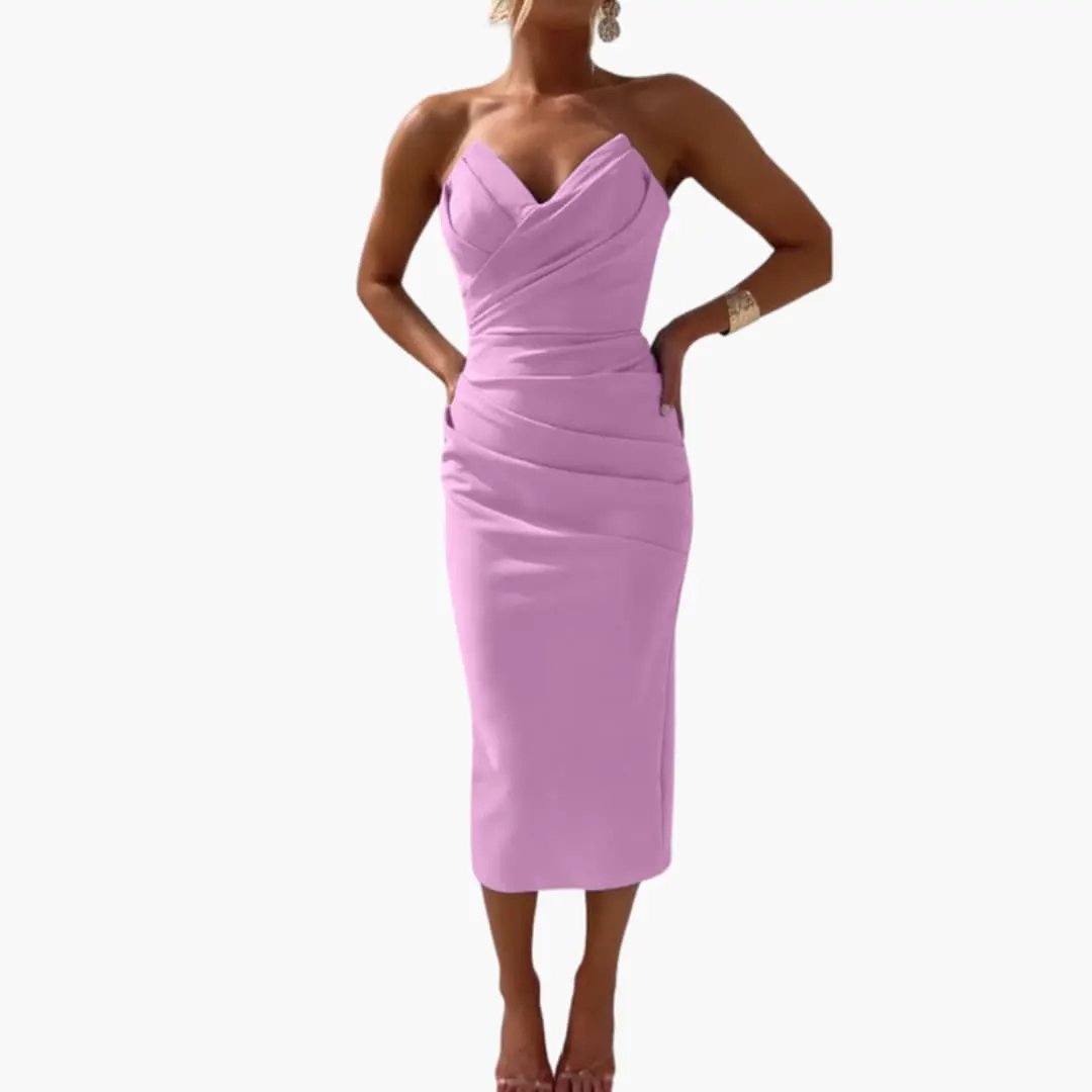 Women's strapless dress by Wilfred Smith with a shaped waist in lavender, plain woven finish, midi length.