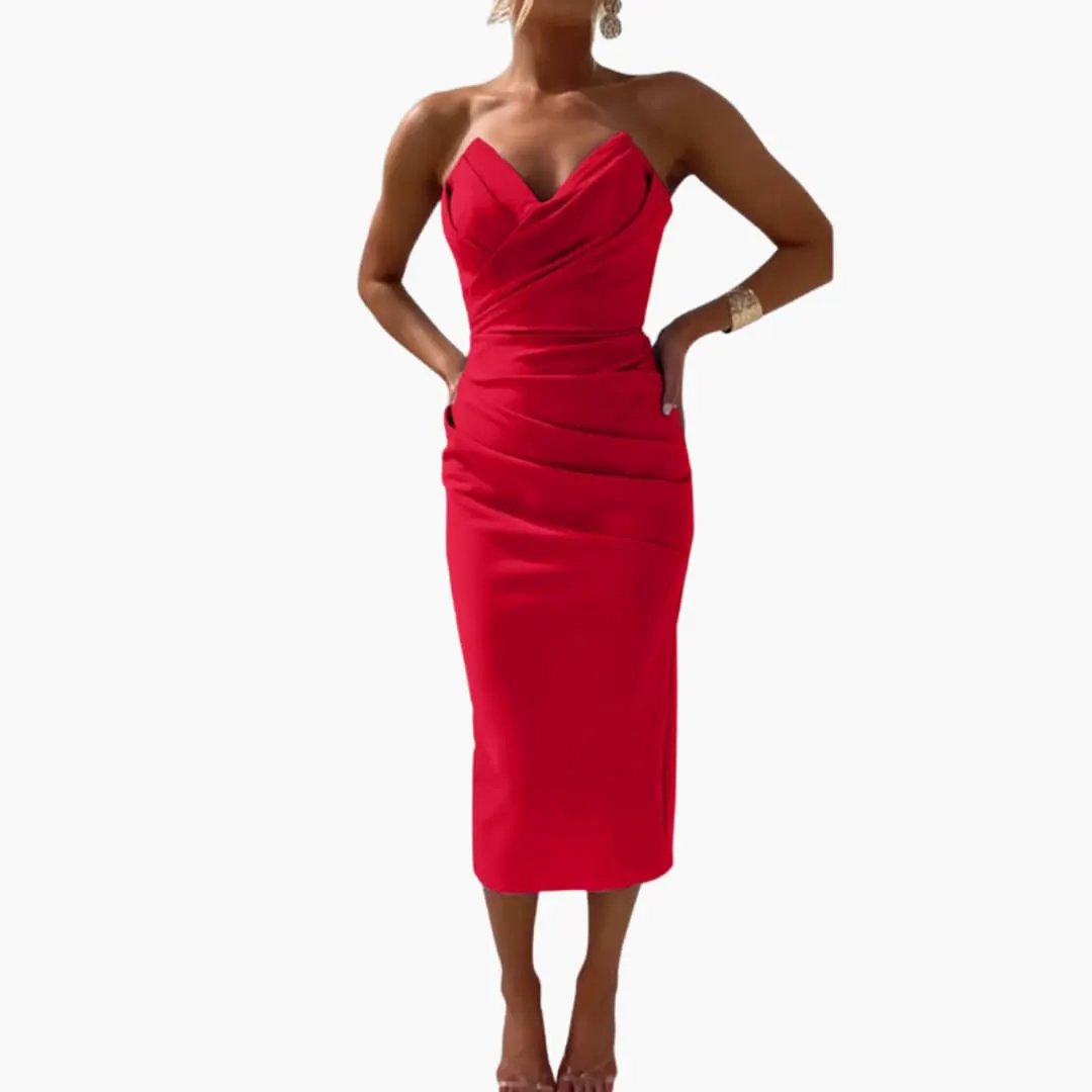 Women’s Strapless Dress, red midi length with shaped waist and plain woven finish
