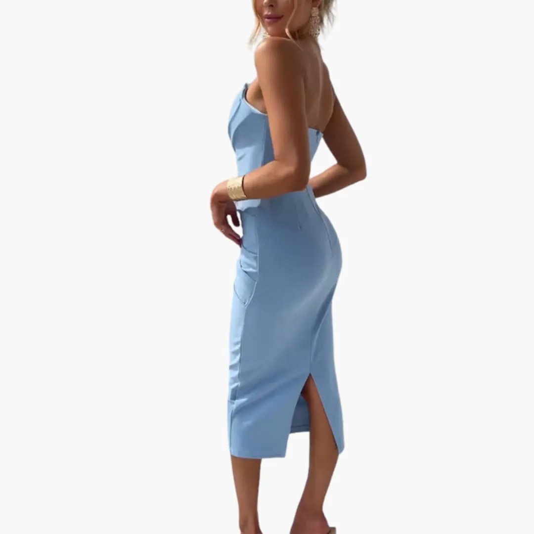 Women’s strapless dress in light blue with shaped waist and midi length, plain woven finish