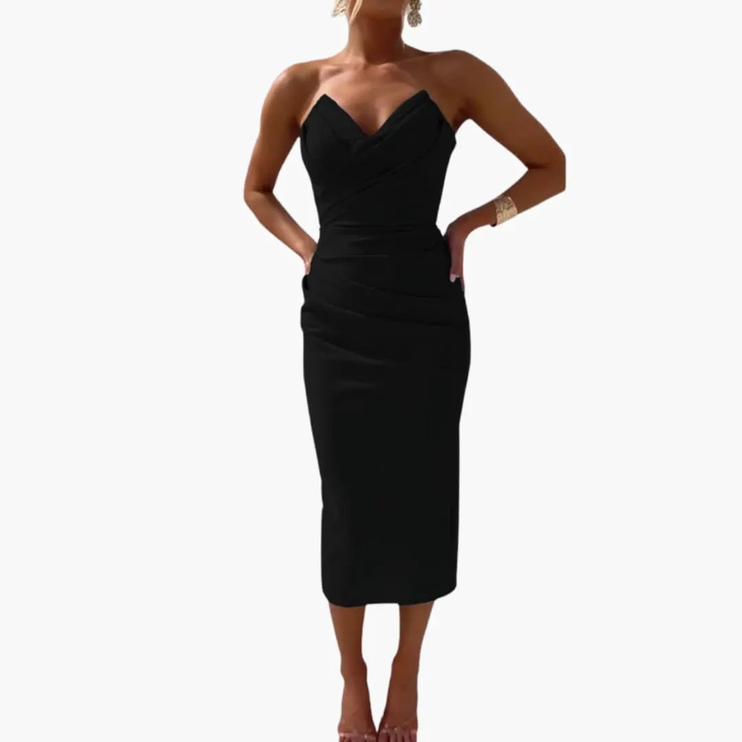 Wilfred Smith women's strapless dress in black with shaped waist, midi length