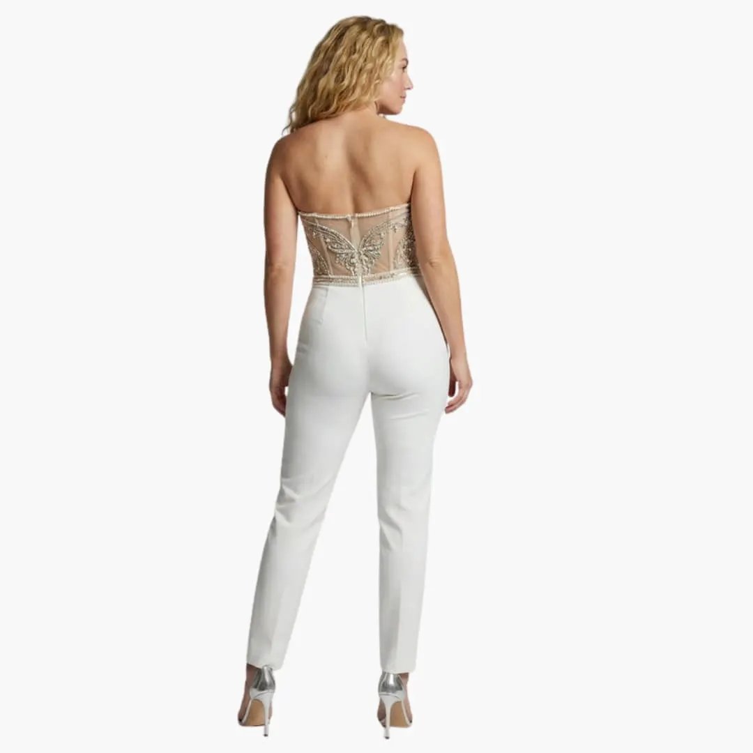 Women’s strapless straight-leg jumpsuit with beige lace bodice and white pants