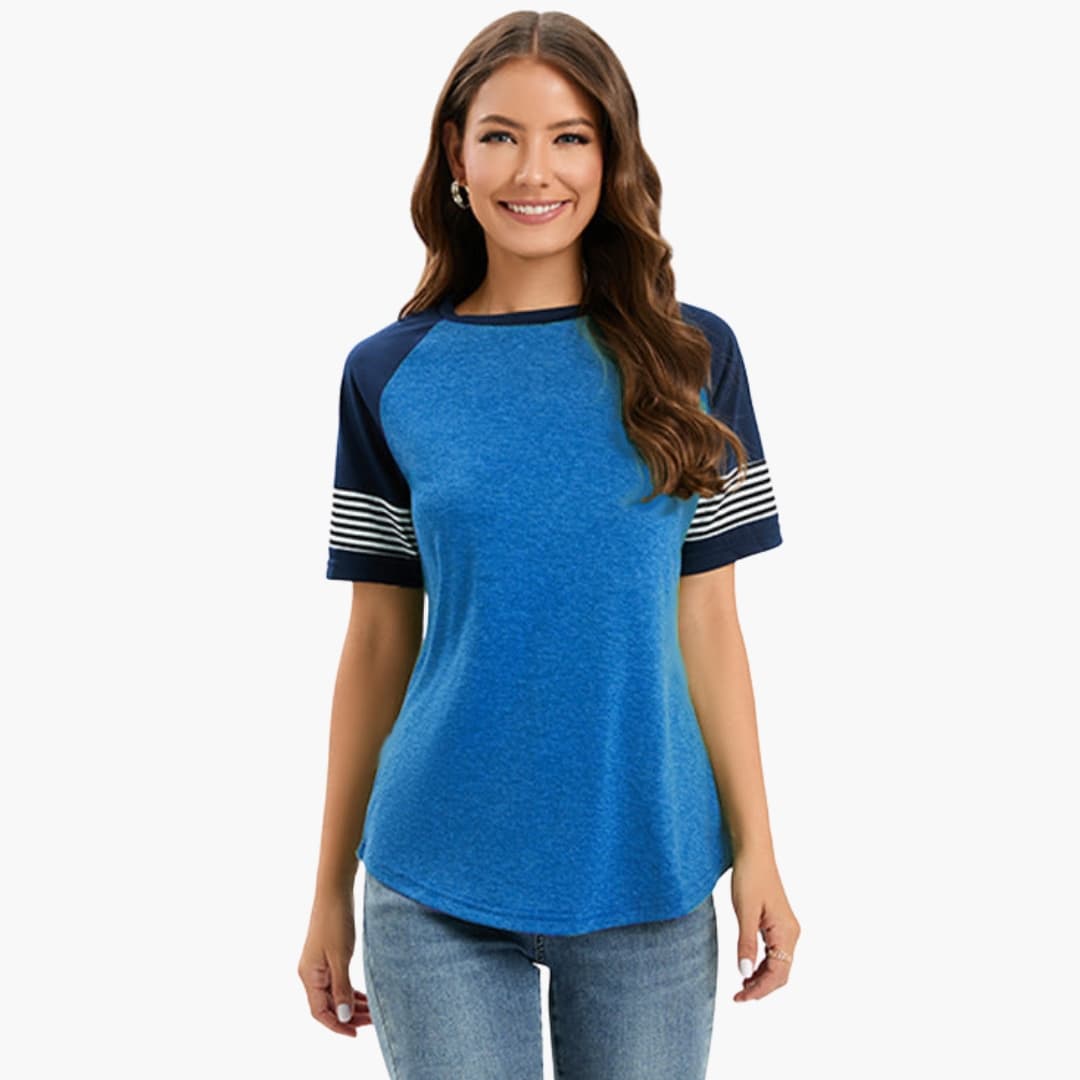 Women’s raglan T-shirt with blue body and navy short sleeves with white stripes