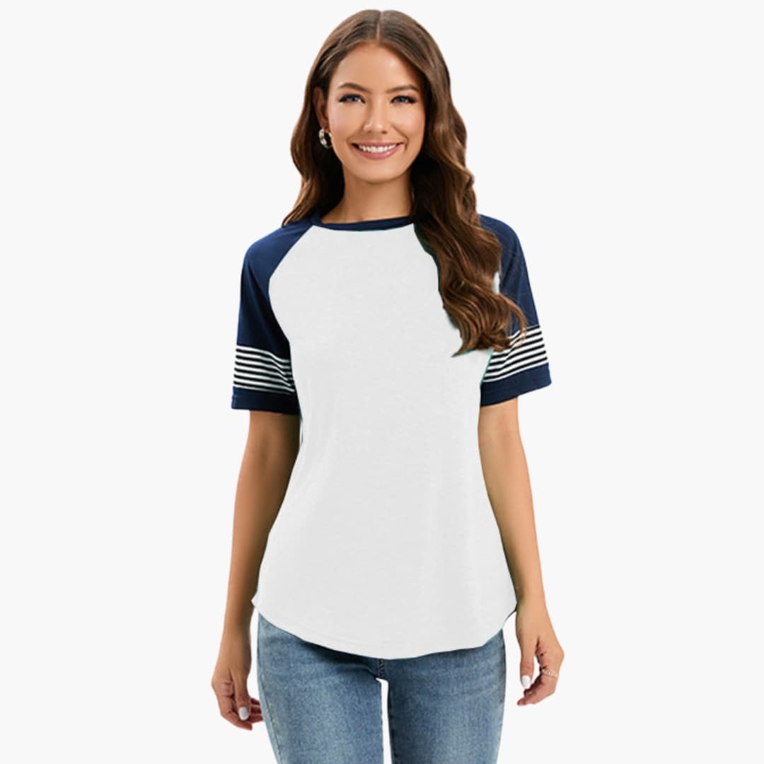Women’s Raglan T‑Shirt with navy striped short sleeves and white body.