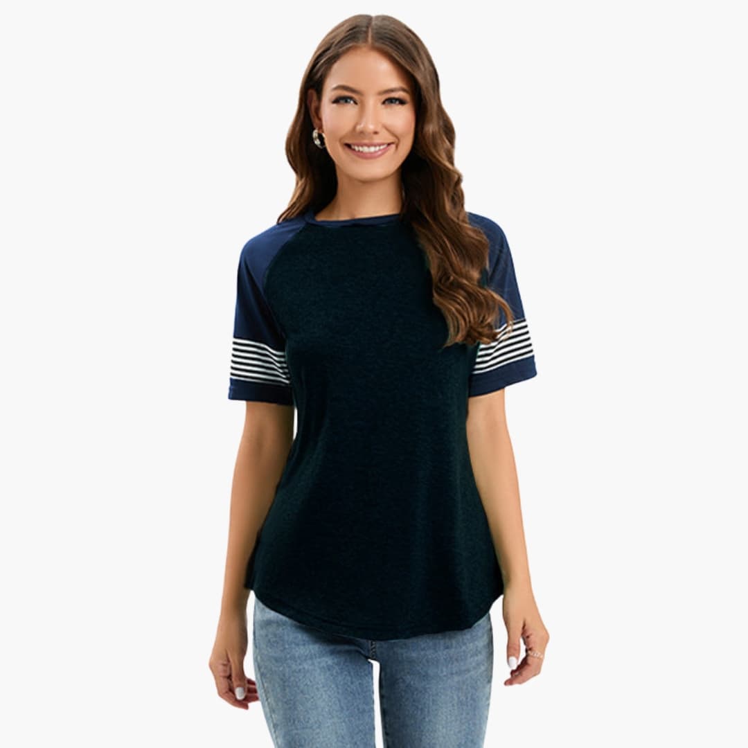 Women’s striped raglan T-shirt with navy body and contrast striped short sleeves