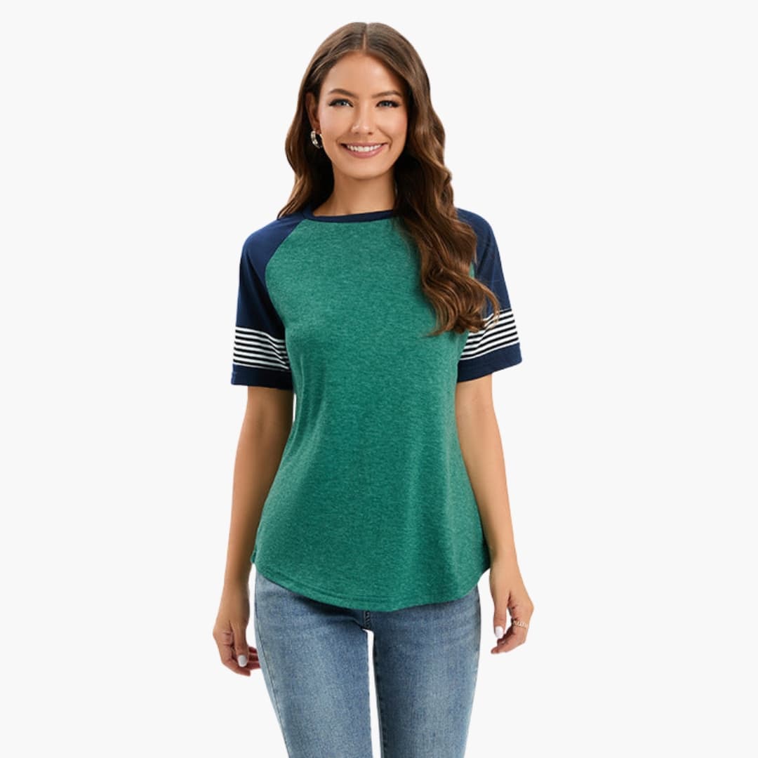 Women’s Striped Raglan T-Shirt with Contrast Short Sleeves; green body, navy striped sleeves.
