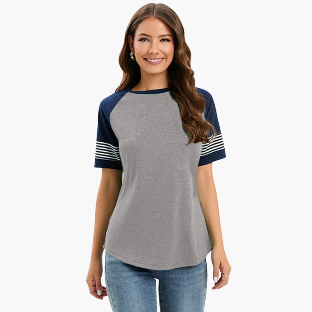 Women’s Striped Raglan T-Shirt with contrast navy short sleeves and grey body by Wilfred Smith.