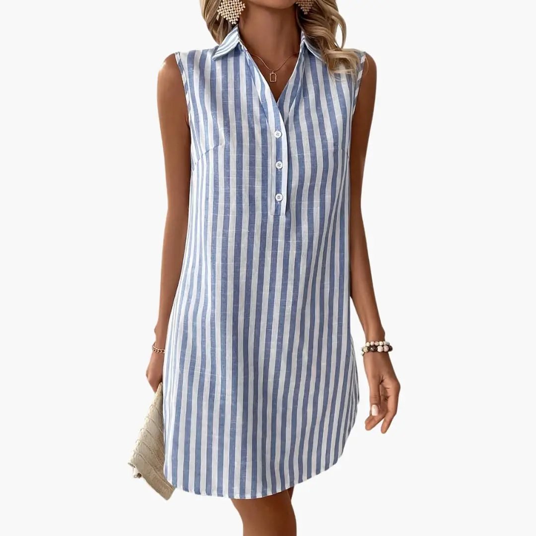 Women's striped shirt dress by Wilfred Smith, blue and white, button-down collared midi dress