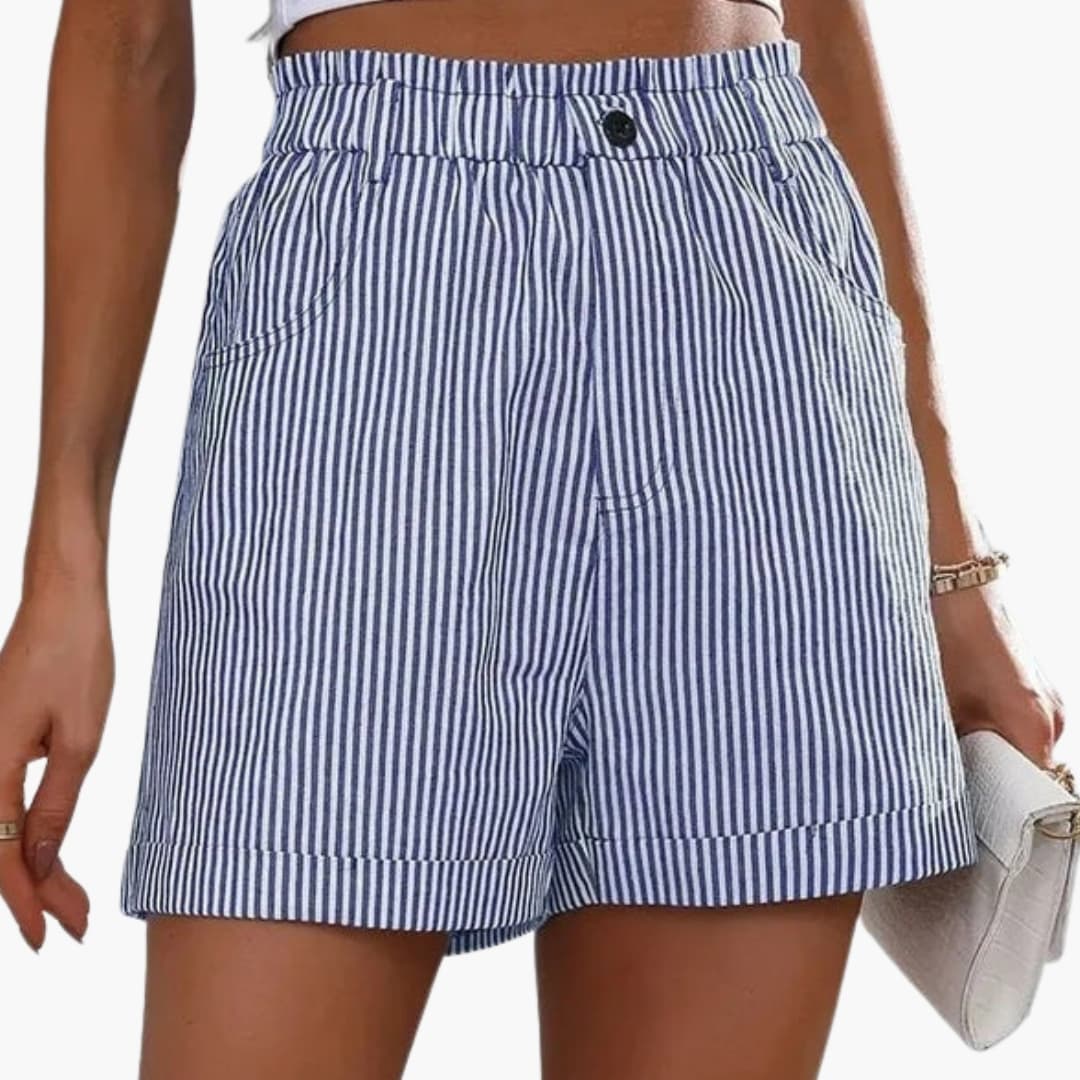 Women's blue and white striped shorts with elastic waistband and pockets