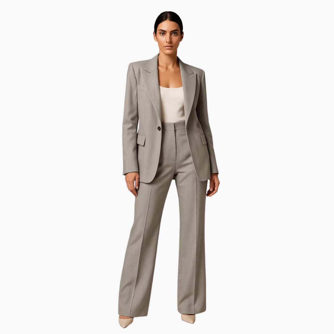 Women's wedding suit set with blazer and wide-leg trousers in light gray.