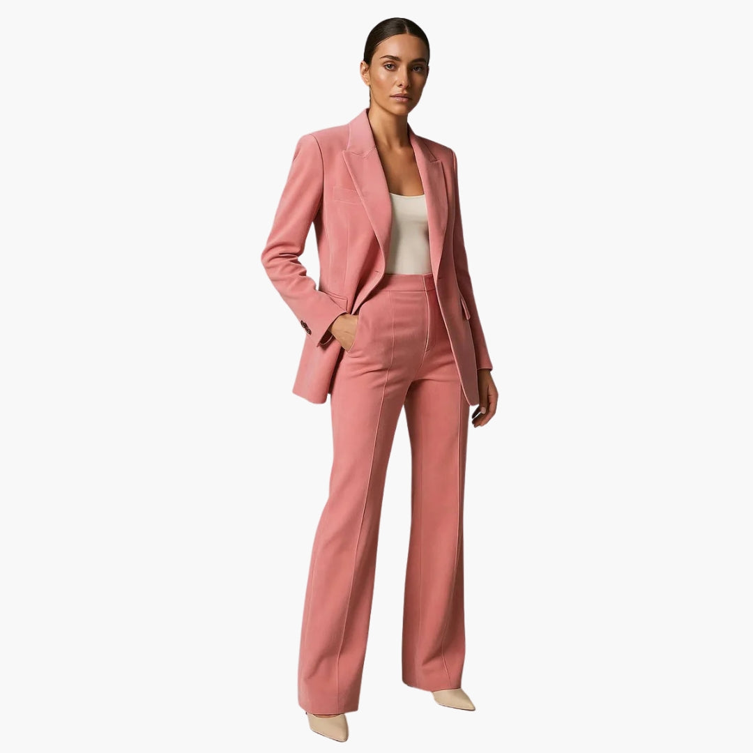 Women's wedding suit set with pink blazer and wide-leg trousers by Wilfred Smith