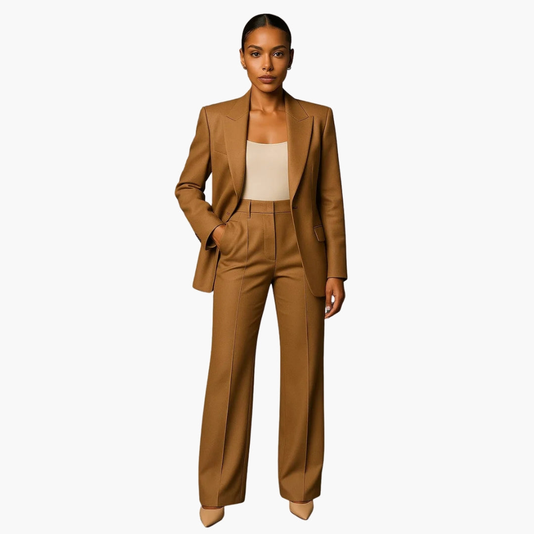Women's wedding suit set by Wilfred Smith: camel blazer with wide-leg trousers and beige top