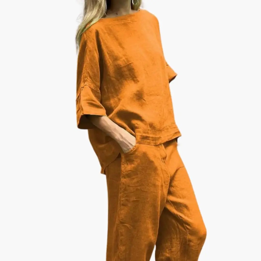 Women's two-piece set: orange cropped top and cropped pants by Wilfred Smith
