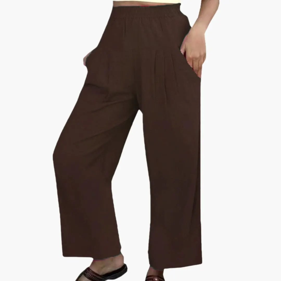 Women’s Summer Pants by Wilfred Smith: brown wide-leg pants with elastic waist and pleated front