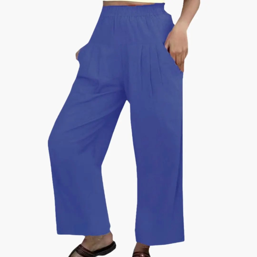 Women’s Summer Pants with Elastic Waist and Pleated Front in royal blue; wide-leg with pockets