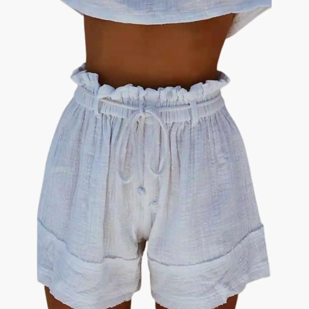 Women's Summer Shorts with Elastic Waist and Drawstring in light blue, lightweight fabric with rolled hems.