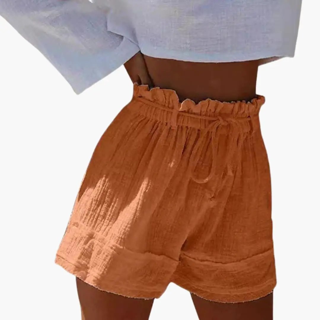 Women's summer shorts with elastic waistband and drawstring in orange lightweight fabric