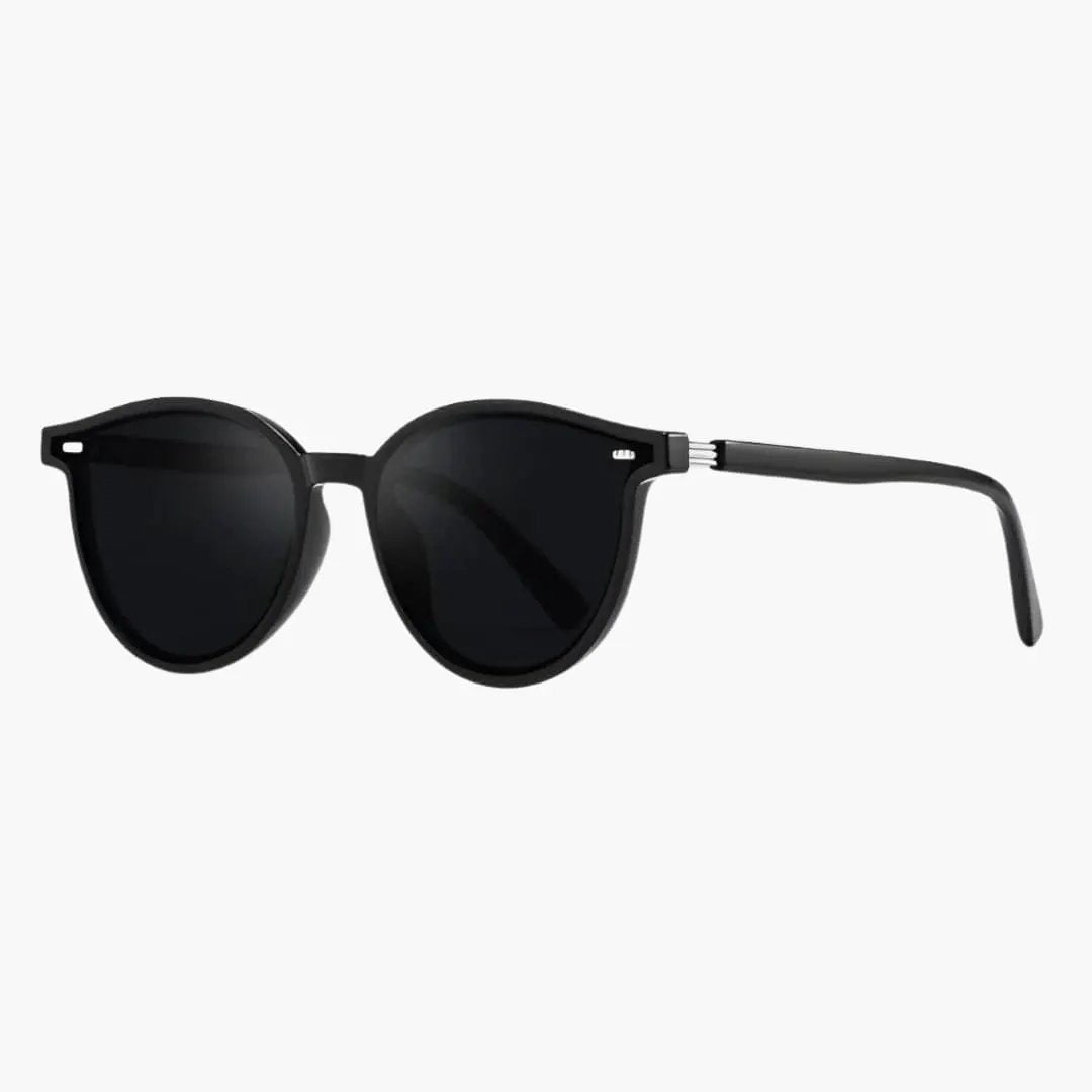 Women's sunglasses with lightweight black full-rim frame and dark lenses