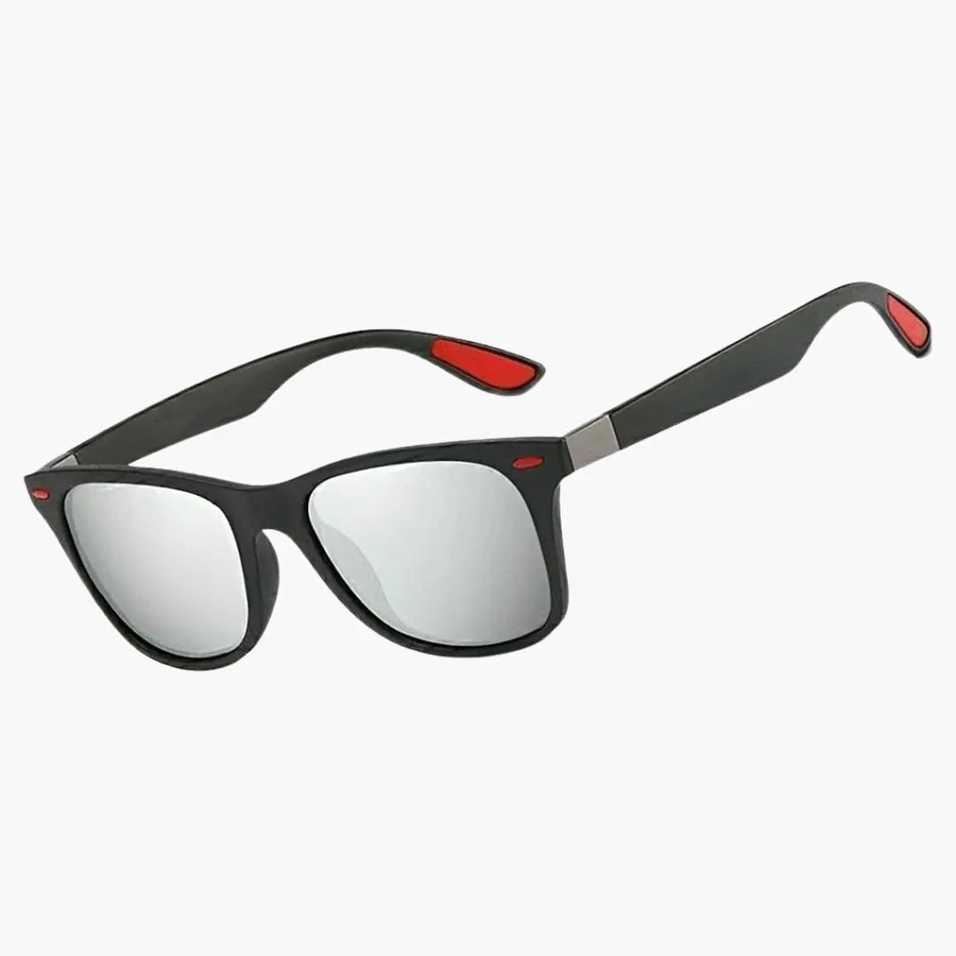 Wilfred Smith women's sunglasses with square frame and mirrored lenses; black frame with red temple tips