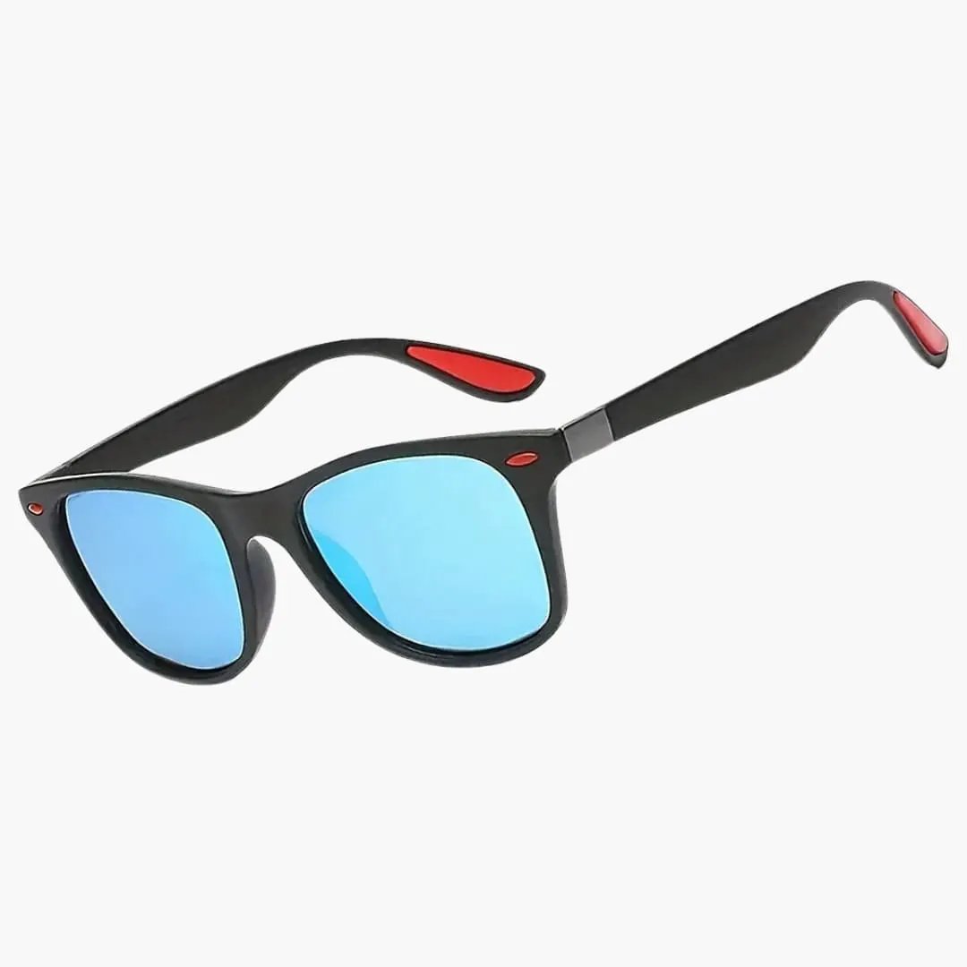 Women's sunglasses with square black frame, blue mirrored lenses, and red temple accents.