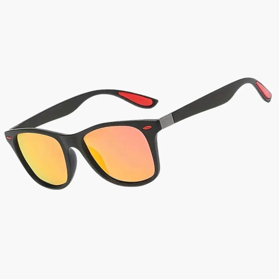 Women's sunglasses from Wilfred Smith with square black frame and orange mirrored lenses