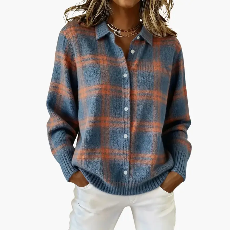 Women's checkered knit sweater in blue and orange, button-front with ribbed edges