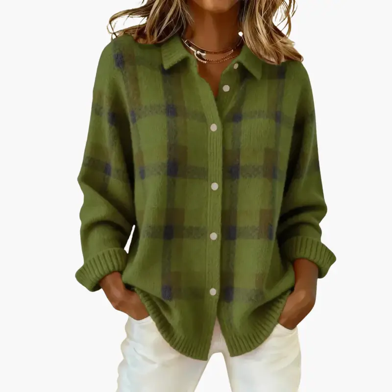 Women's check-pattern knit sweater with ribbed edges in olive green