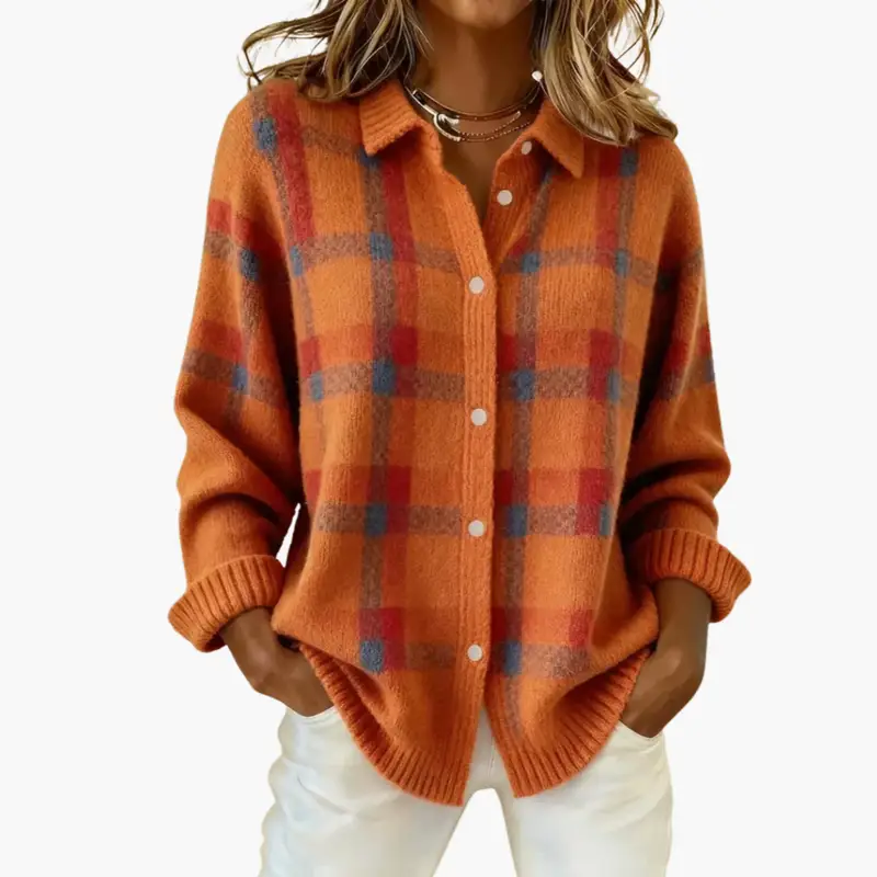 Women's orange plaid knit cardigan with check pattern, button-front, ribbed edges, rolled cuffs