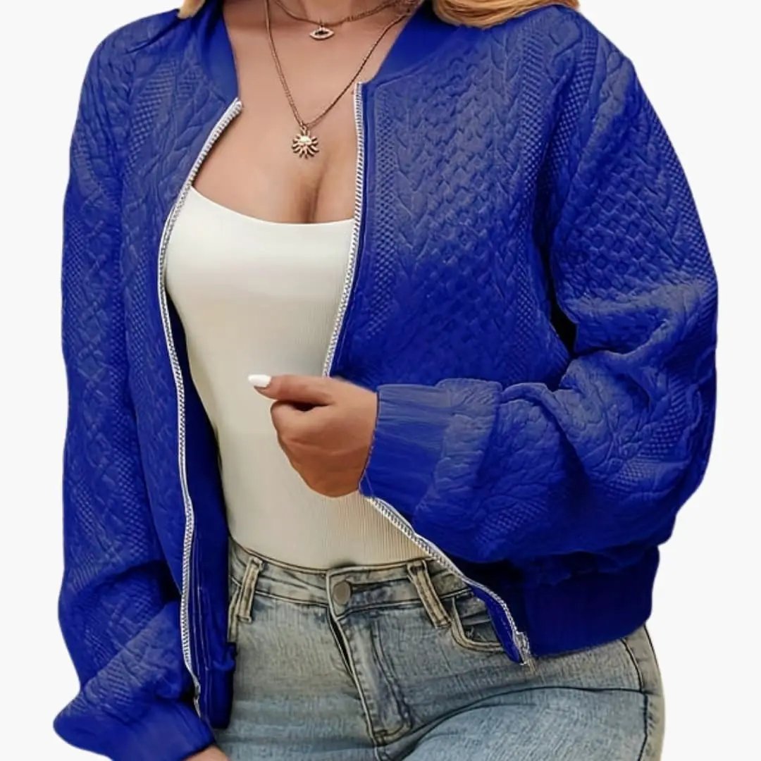Women's blue textured cotton-blend bomber jacket with zip front.